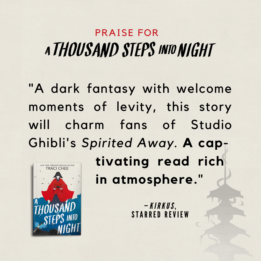 a beige graphic with the cover of A Thousand Steps into Night by Traci Chee; text reads: 