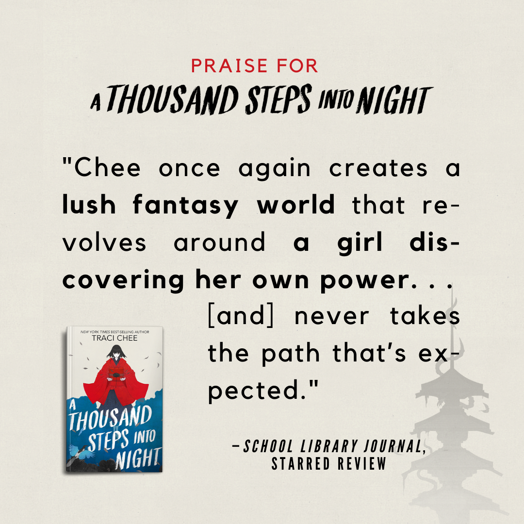 beige graphic with the cover of A Thousand Steps into Night and the words, 
