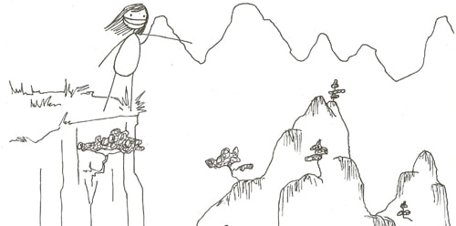 stick figure drawing of Traci Chee standing on a cliff top surveying a landscape of new mountains to climb