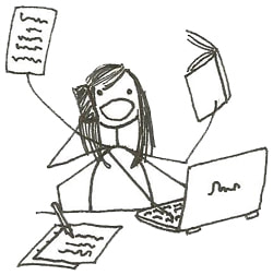 stick figure drawing of Traci Chee trying to juggle a bajillion tasks at once