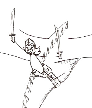 stick figure drawing of Barbara Poelle riding into work on a dragon