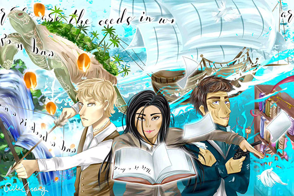 Archer, Sefia, and Captain Reed are surrounded by books, a ship, and an island on the back of a turtle.