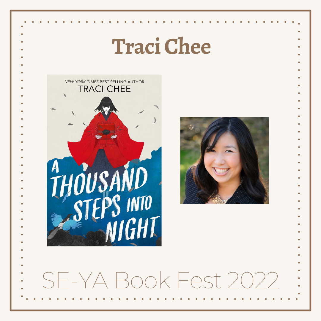 beige graphic with the cover of A Thousand Steps into Night, an author photo of Traci Chee, and the text 