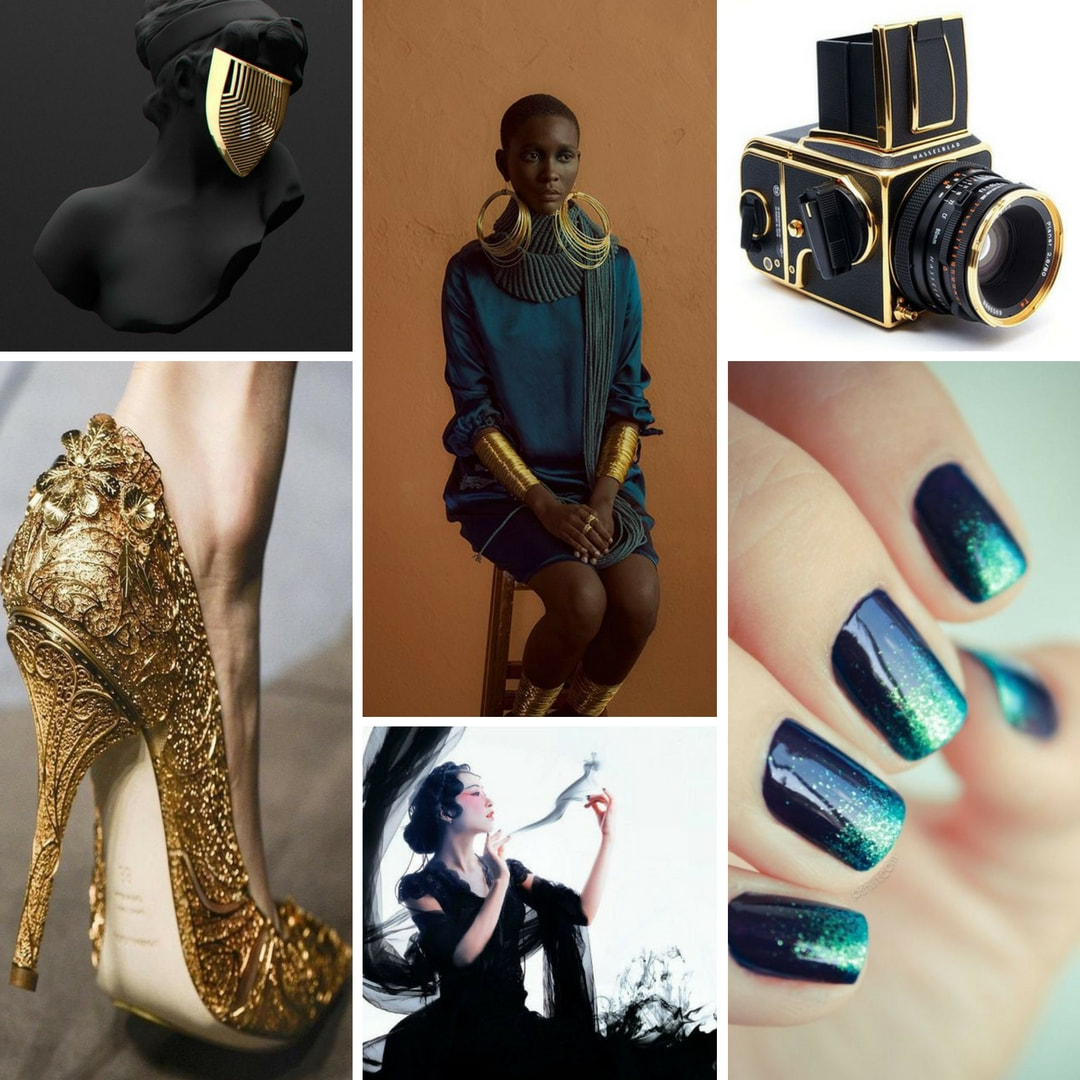 assorted photos from the Style of Ink and Gold Pinterest Board, including a black statue with a gold mask, a dark-skinned woman in blue with gold jewelry, a black camera with gold trim, an ornate gold high heeled shoe, an East-Asian woman with a dress of ink, a pale hand with blue ombre nail polish
