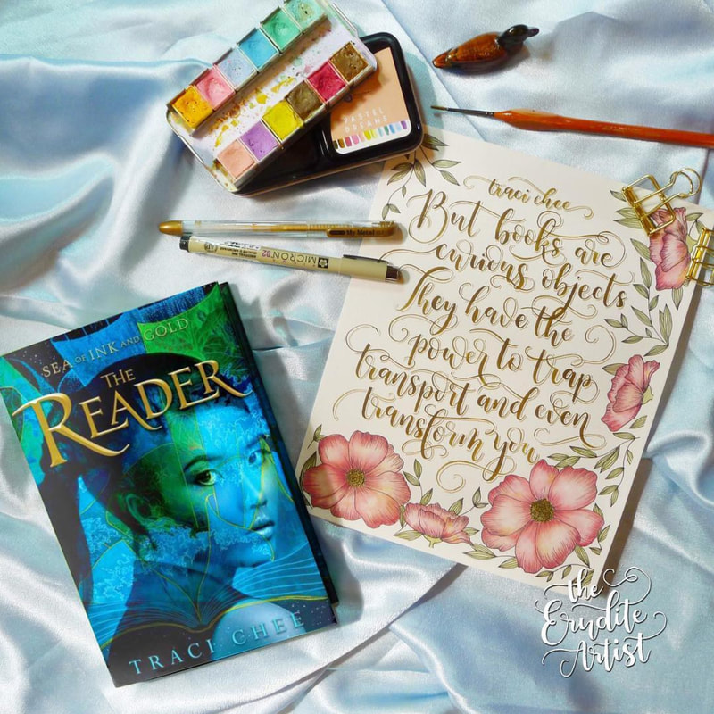 An artwork of watercolor flowers and hand-lettered script is displayed next to The Reader book.