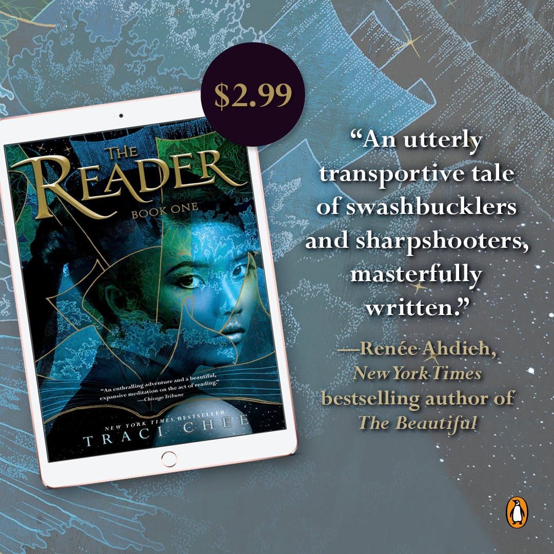 blue-green graphic for the sale of The Reader for $2.99 with the blurb, 
