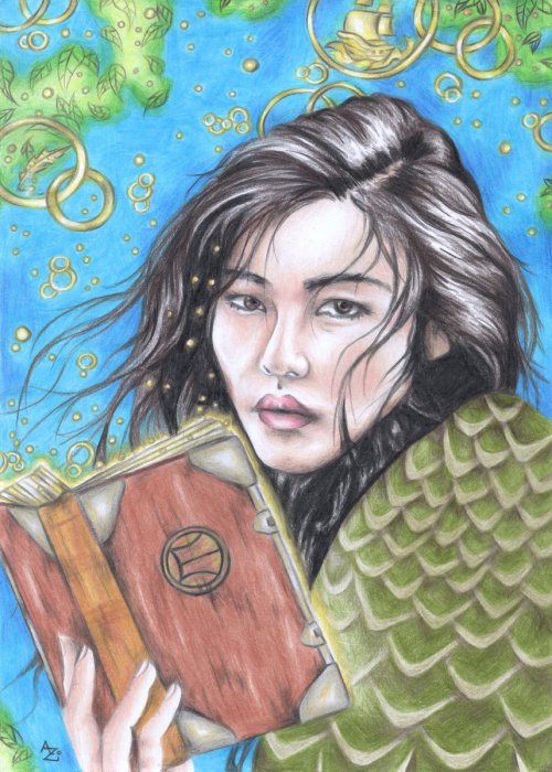Sefia holds the Book as rings of magic and leaves swirl around her