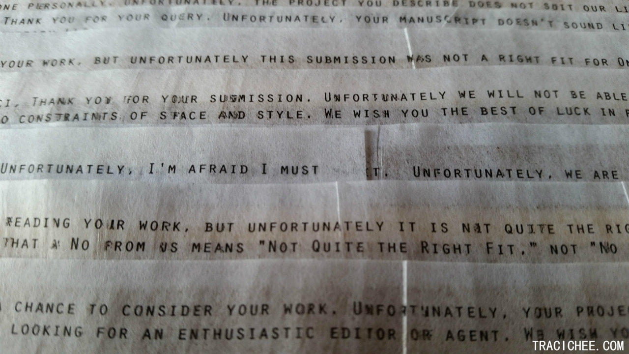 More slips of unrolled paper printed with rejections from publishers.