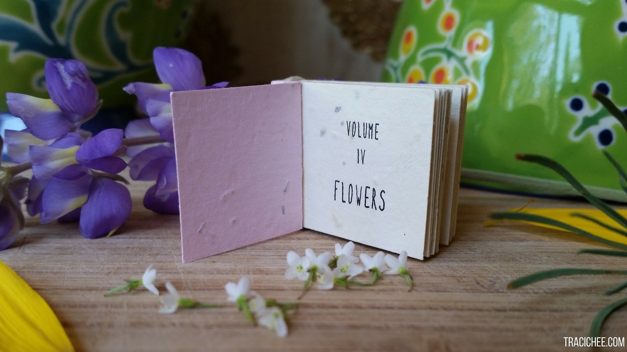 A tiny book, surrounded by fresh flowers, is open to a page that reads 
