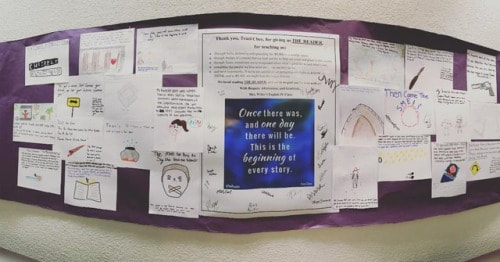 photo of a wall-sized collage of art and quotes inspired by THE READER by Traci Chee