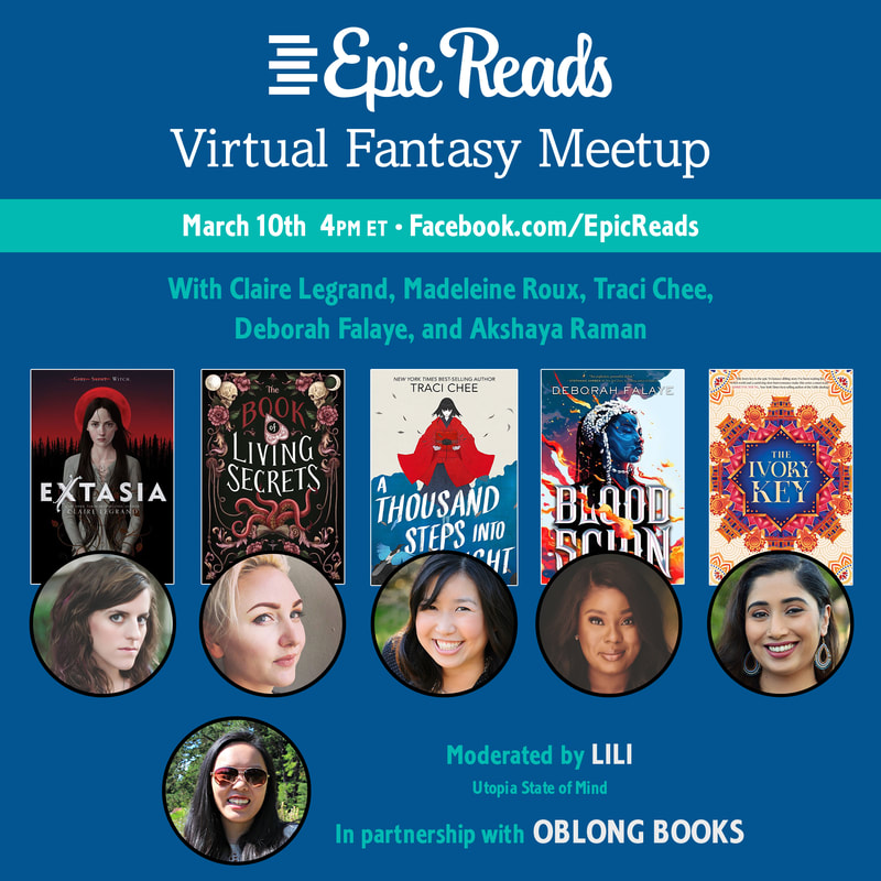 blue graphic with several book covers and several headshots advertising the Epic Reads Virtual Fantasy Meetup on March 10th at 4pm ET