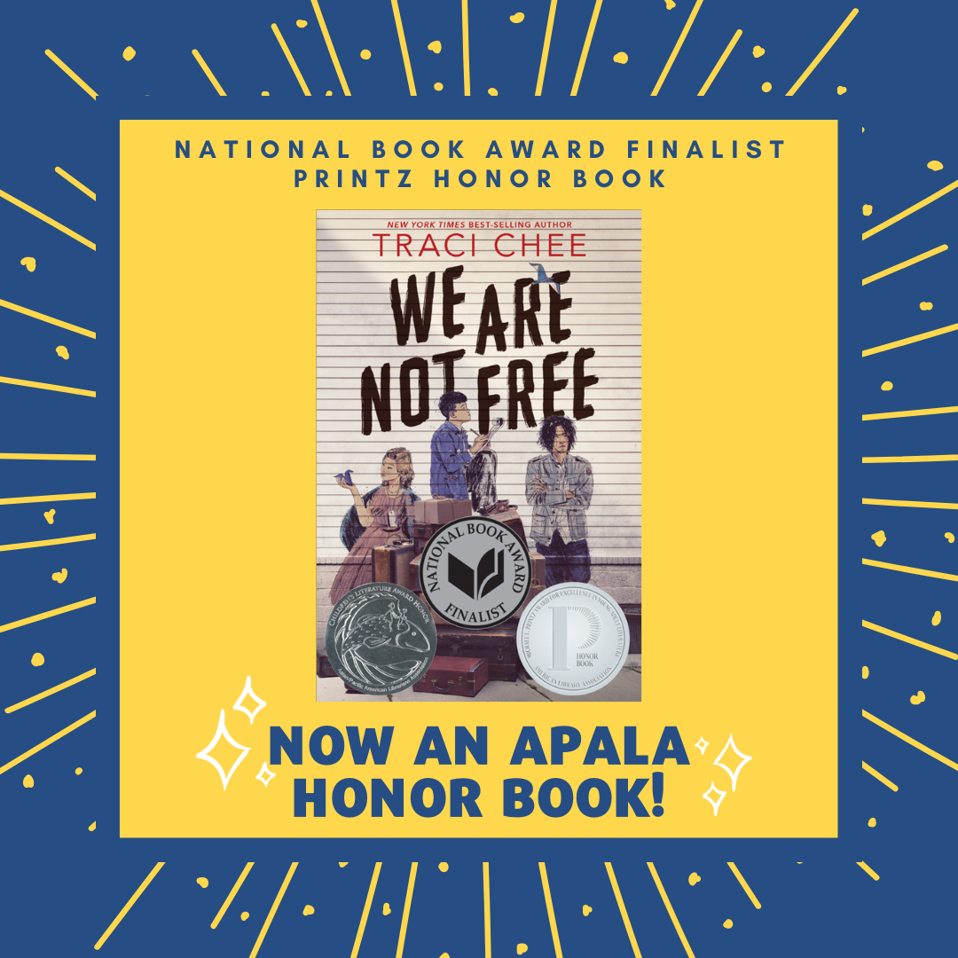 blue and yellow graphic with the cover of We Are Not Free with three medals and the text 
