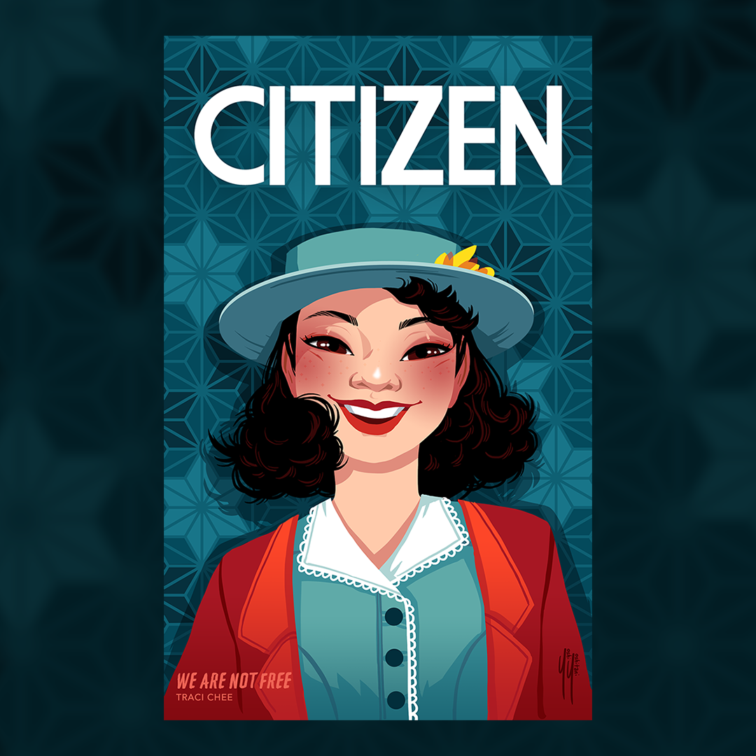 image: illustration of a young Japanese-American woman from the 1940s in a cherry red jacket and turquoise blue blouse and matching hat titled 
