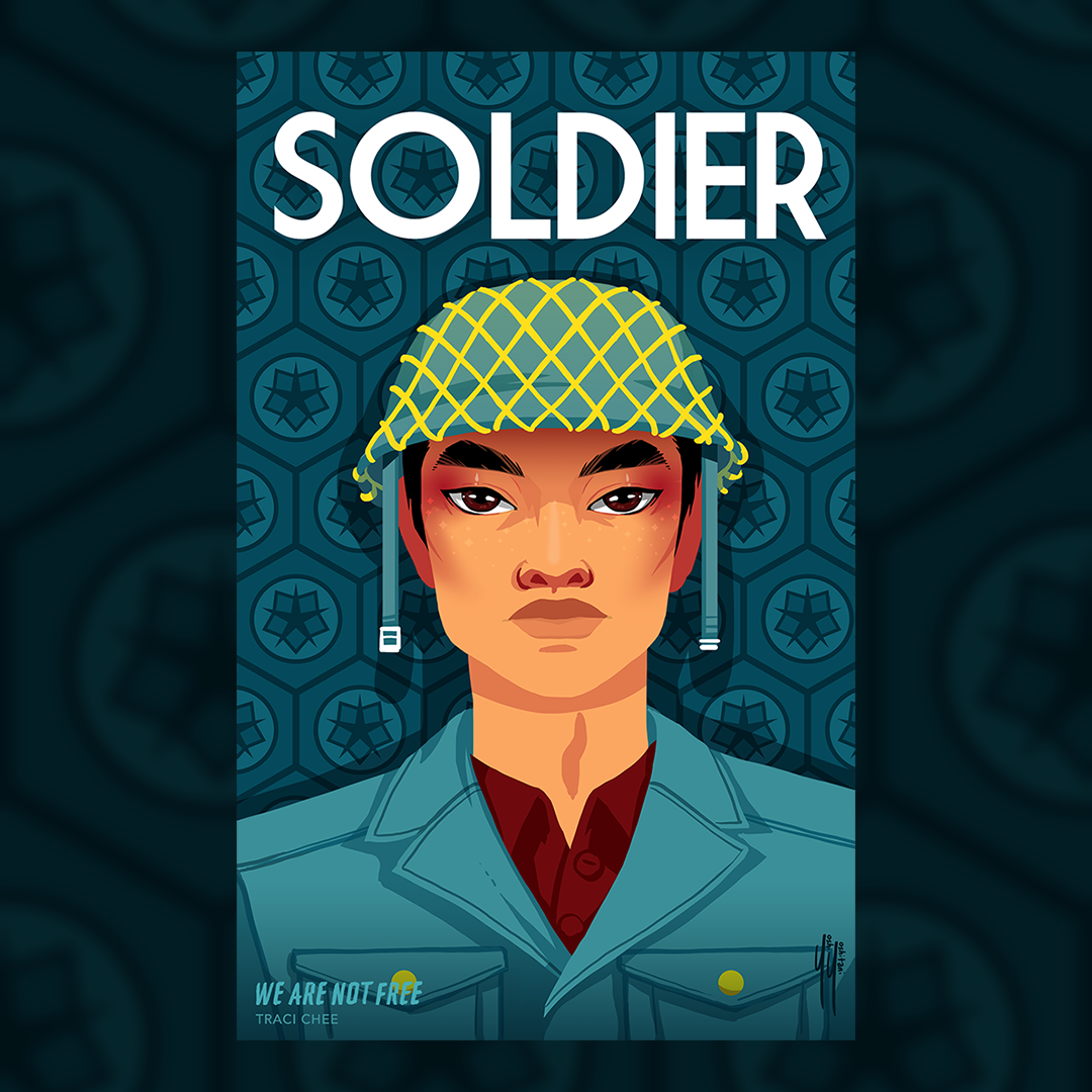 (image: illustration of a young Japanese-American soldier from World War II in a teal uniform and helmet)