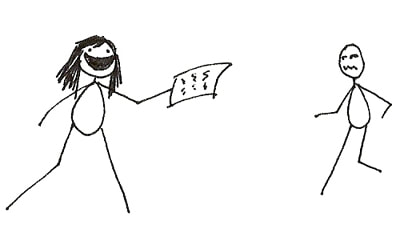 stick figure drawing of Traci Chee foisting her manuscript on unsuspecting victims