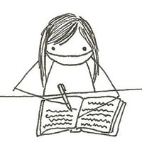 stick figure drawing of Traci Chee toiling away with a notebook and pen