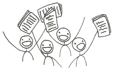 stick figure drawing of people joyously offering up manuscripts for critique