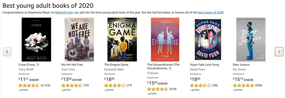 screen shot of the Amazon page for Best Young Adult Books of 2020, featuring the covers of Crave by Tracy Wolff, We Are Not Free by Traci Chee, The Enigma Game by Elizabeth Wein, The Extraordinaries by TJ Klune, Super Fake Love Song by David Yoon, and Dear Justyce by Nic Stone