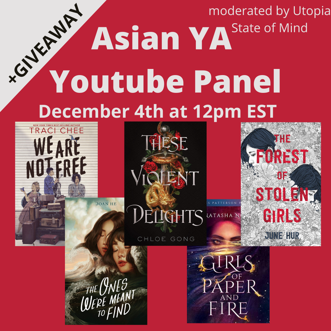 red graphic with multiple book covers, text reads ASIAN YA YOUTUBE PANEL DEC. 4 AT 12PM EST, MODERATED BY UTOPIA STATE OF MIND +GIVEAWAY