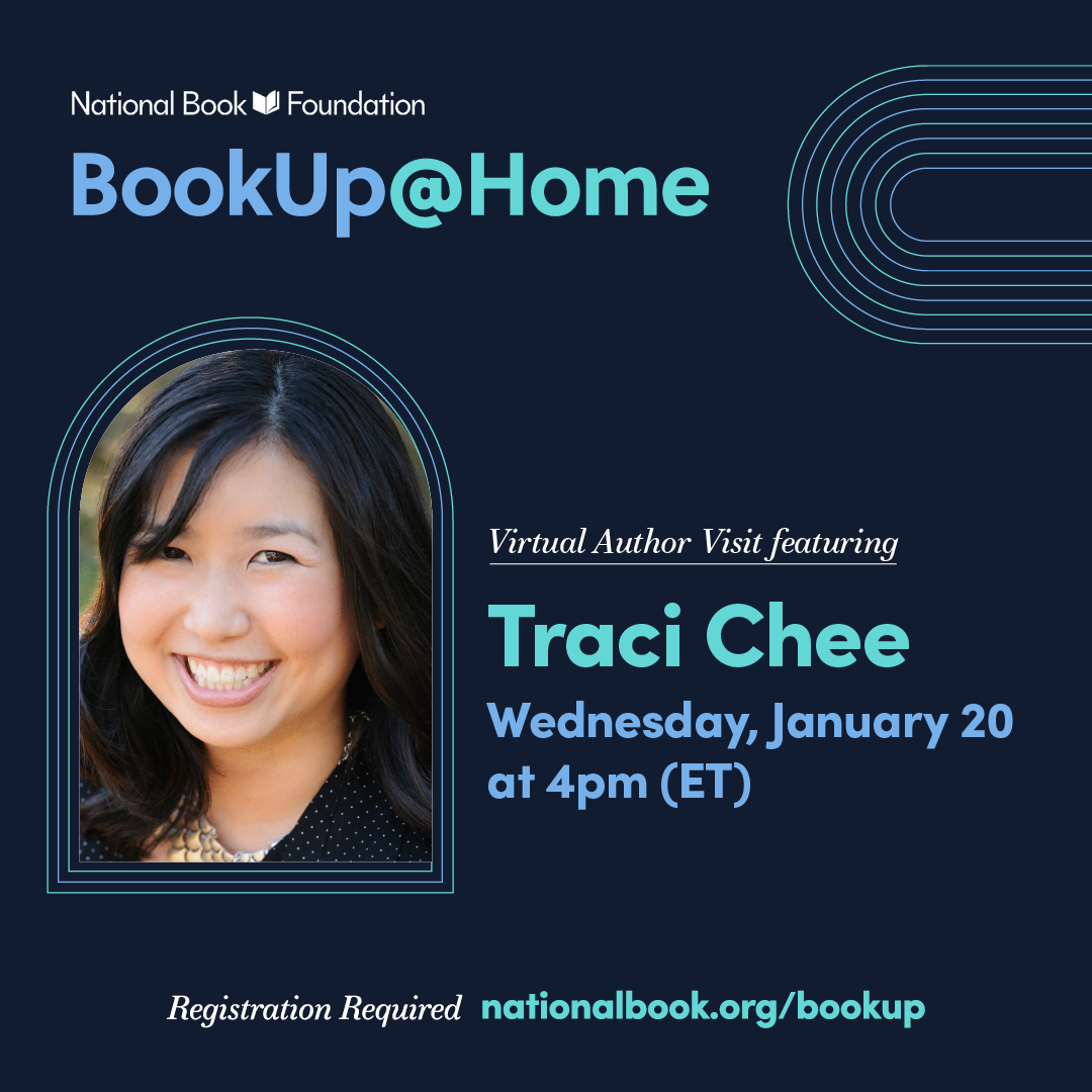 navy blue graphic for BookUp@Home with the National Book Foundation, featuring Traci Chee on Wednesday, January 20 at 4pm ET