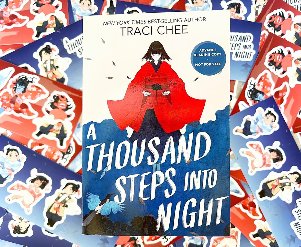 ARC of A Thousand Steps into Night on a background of red and blue stickers