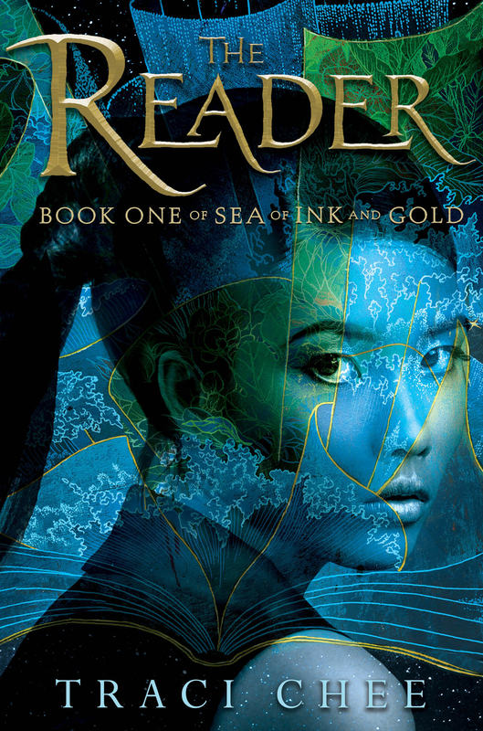 cover of THE READER by Traci Chee, featuring a girl looking over her shoulder over an illustrated background of stars, waves, and jungle fronds