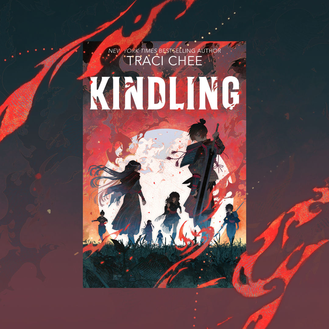 Book cover for KINDLING on a charcoal-gray and ember-red gradient background lanced through with fire; cover text reads 