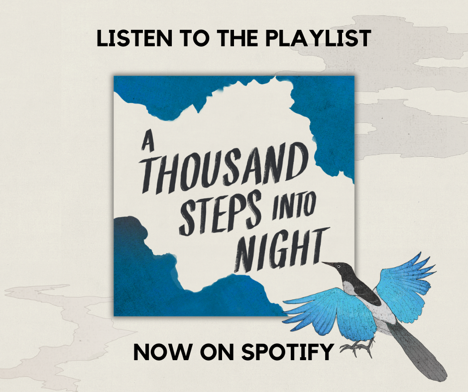 beige background with gray clouds and in the center a Spotify playlist cover with blue ink seeping from the corners and the text 