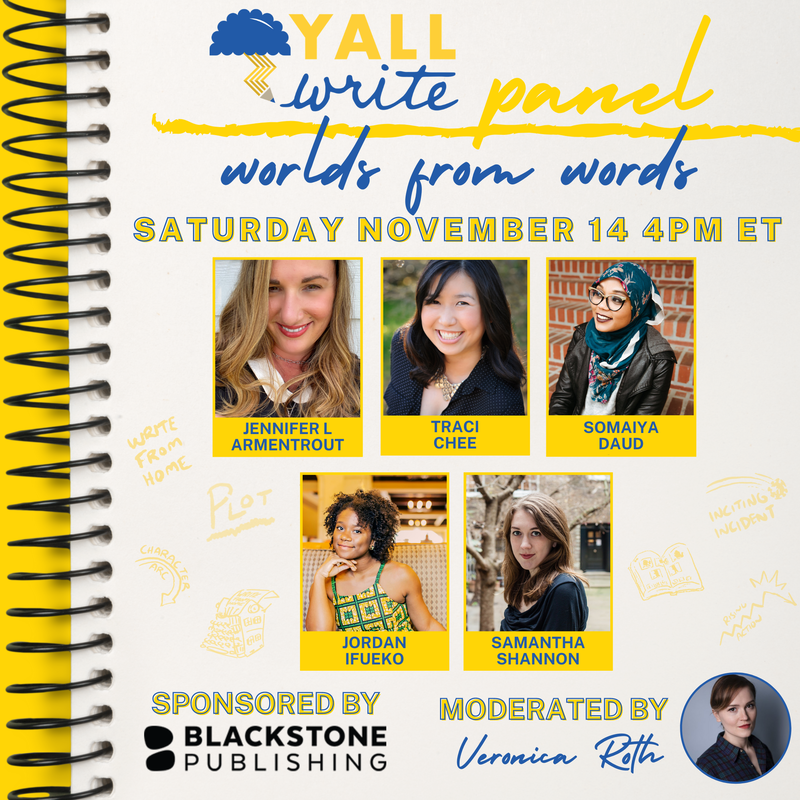 yellow, white, and blue graphic featuring six author photos and the text, 