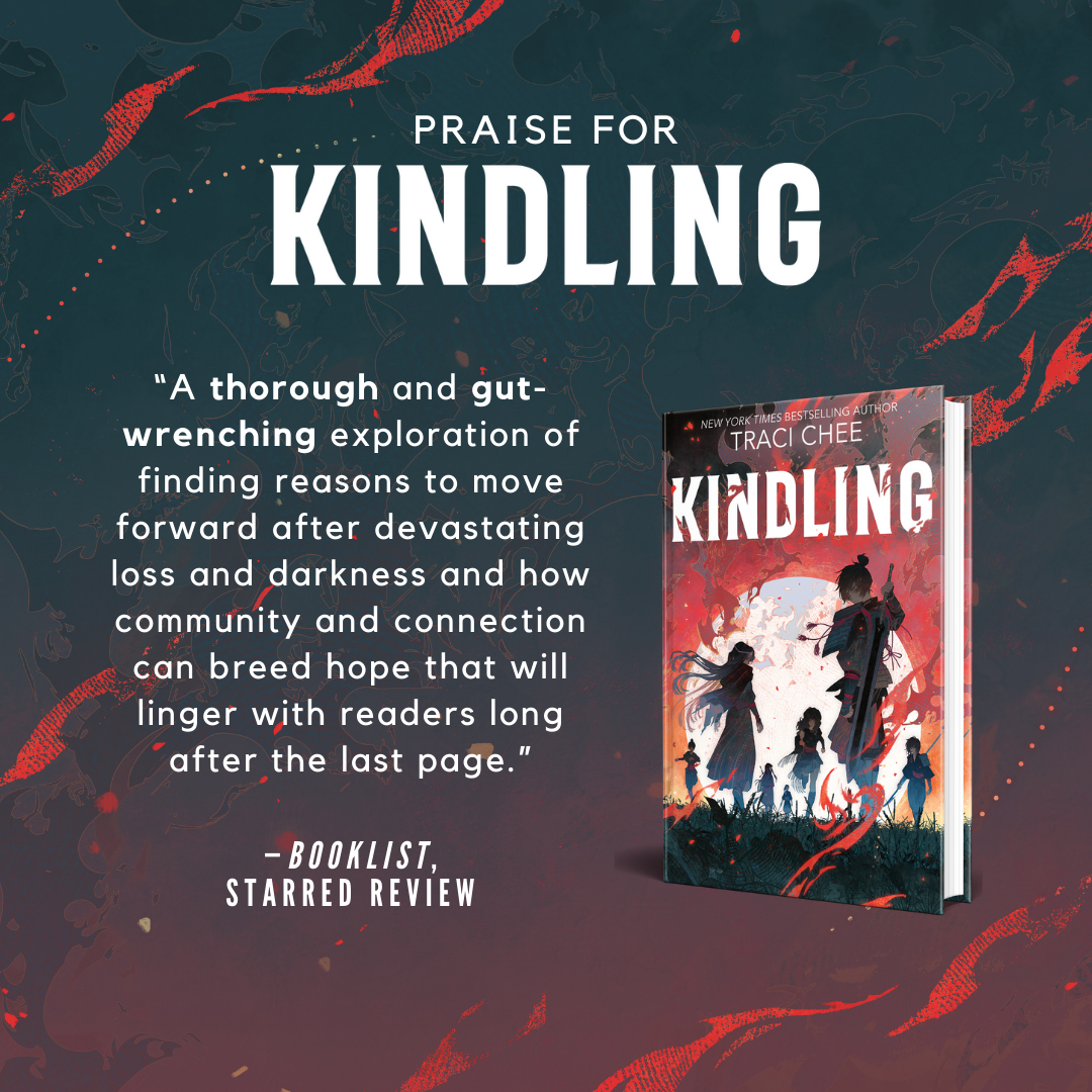 charcoal gray to red background overlaid with the cover of KINDLING by Traci Chee and the text: 