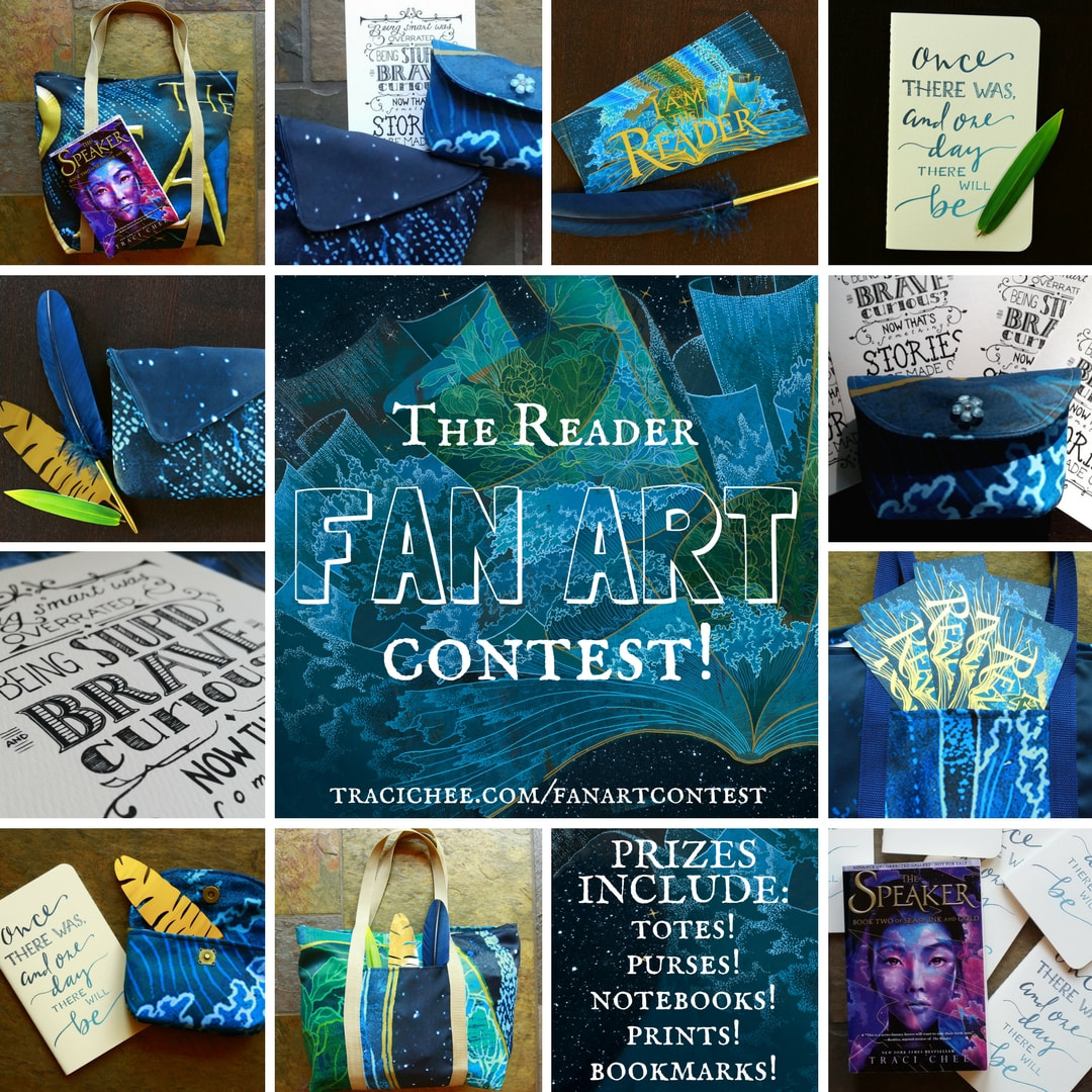 collage of photos of prizes for THE READER Fan Art Contest, including totes, pens, bookmarks, art prints, notebooks, ARCs, and purses