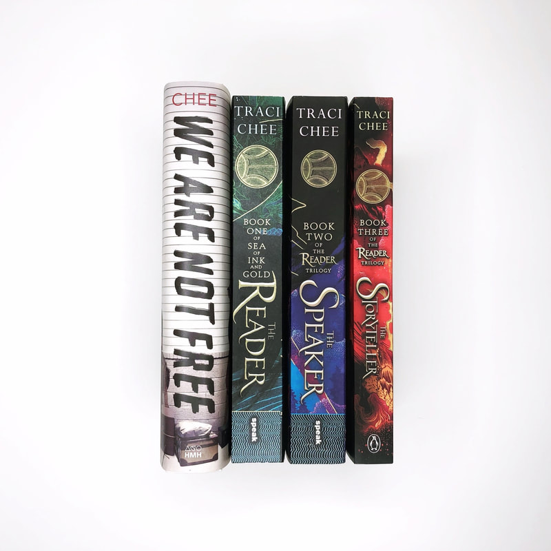 Four books by Traci Chee lined up in a row: We Are Not Free, The Reader, The Speaker, The Storyteller
