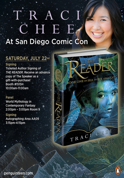 image of THE READER by Traci Chee, Traci Chee's photo, and a schedule for San Diego Comic Con 2017