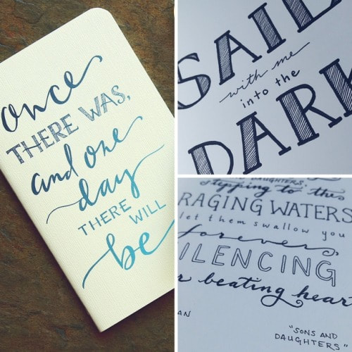 collage of photos featuring the cover of a handlettered notebook that reads 