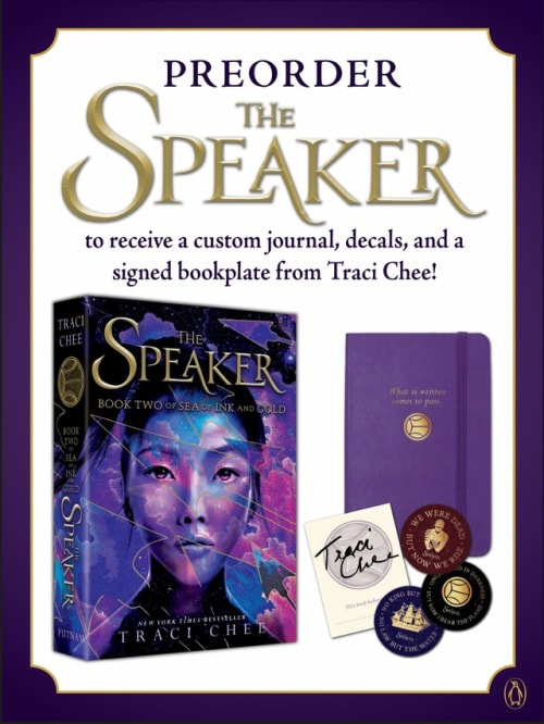 image of THE SPEAKER by Traci Chee, a purple notebook that reads 