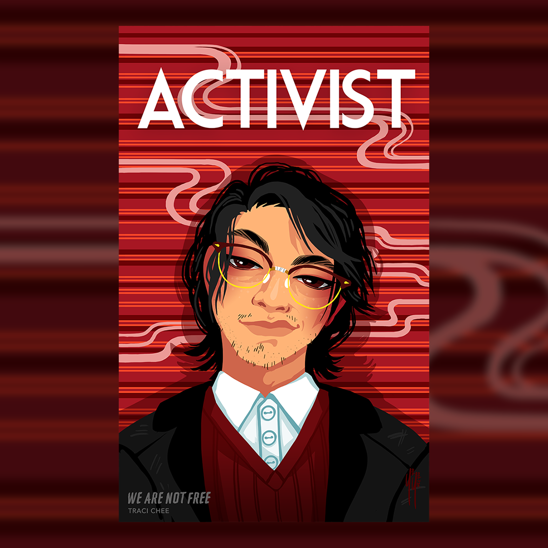 (image: illustration of a young Japanese-American man from the 1940s in a red sweater and white shirt with broken glasses)