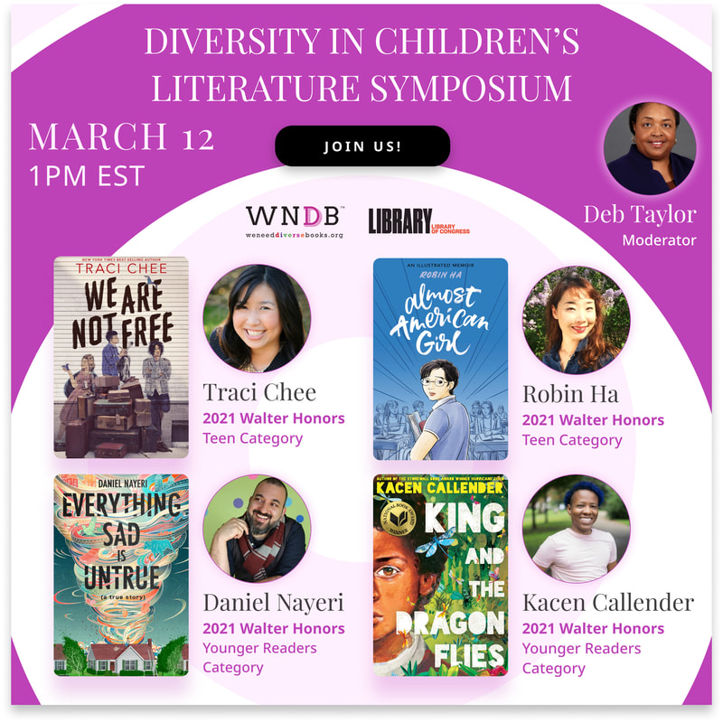 pink graphic for the 2021 Diversity in Children's Literature Symposium, March 12, 1pm ET